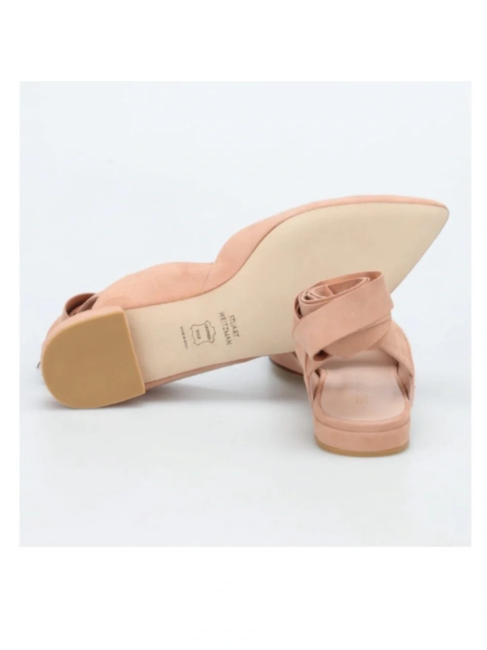 Stuart Weitzman Supersonic Suede Ballet Flats-Pointed Toe Ankle Tie Dusty Pink
